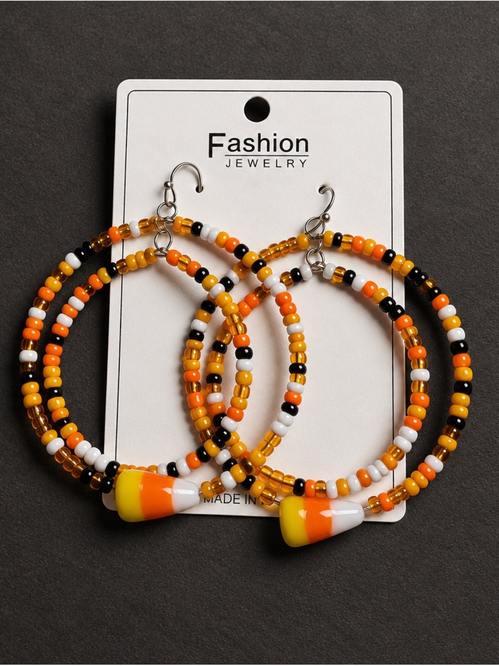 Fashion Jewelry Orange Black White Beaded Hoop Earrings with Candy Corn Accent